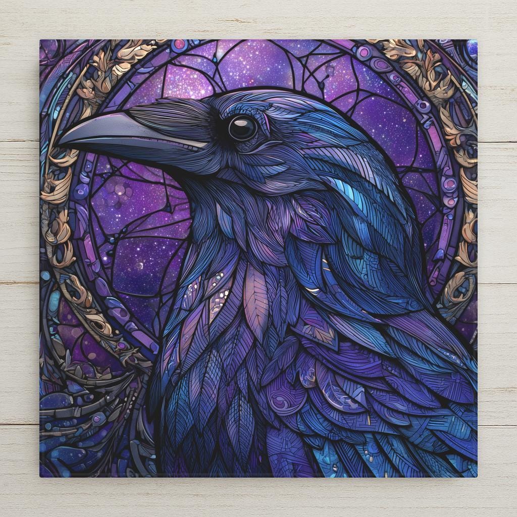 Stained-glass style raven with blue and purple feathers against a cosmic violet night sky.