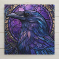 Stained-glass style raven with blue and purple feathers against a cosmic violet night sky.