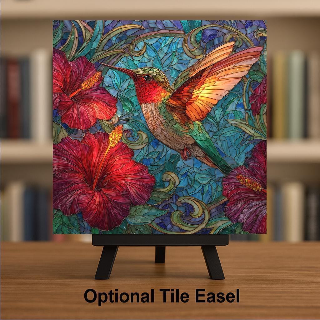 Hummingbird Wall Art Ceramic Tile Stained Glass Style Floral Garden Bird Lover Gift Birdwatcher Botanical Gift Accent Tile