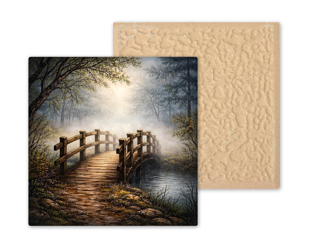 Foggy Woodland Bridge Peaceful Wall Art Ceramic Tile – Stained Glass Style, Nature Inspired Home Decor