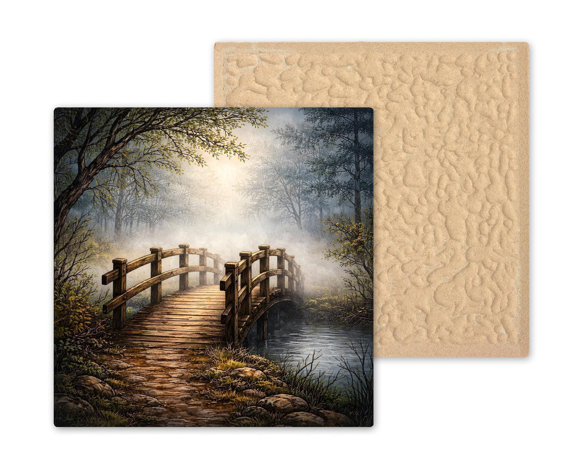 Foggy Woodland Bridge Peaceful Wall Art Ceramic Tile – Stained Glass Style, Nature Inspired Home Decor