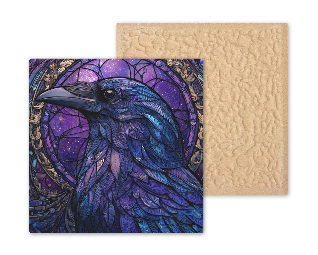 Raven Wall Art Ceramic Tile Stained Glass Style Mystical Night Sky Decor Gothic Bird Design Dark Forest Art Gift Tile