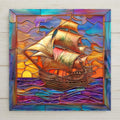 This sailing ship stained glass style ceramic tile wall art glows with sunset tones and ocean blues. Perfect for nautical or coastal décor, it includes optional add-ons like a tile wall hanger, easel tile stand, or cork backing. A stunning gift for sailors and ocean lovers.