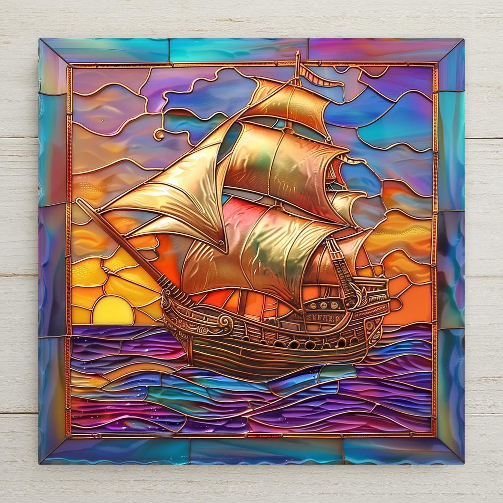 This sailing ship stained glass style ceramic tile wall art glows with sunset tones and ocean blues. Perfect for nautical or coastal décor, it includes optional add-ons like a tile wall hanger, easel tile stand, or cork backing. A stunning gift for sailors and ocean lovers.
