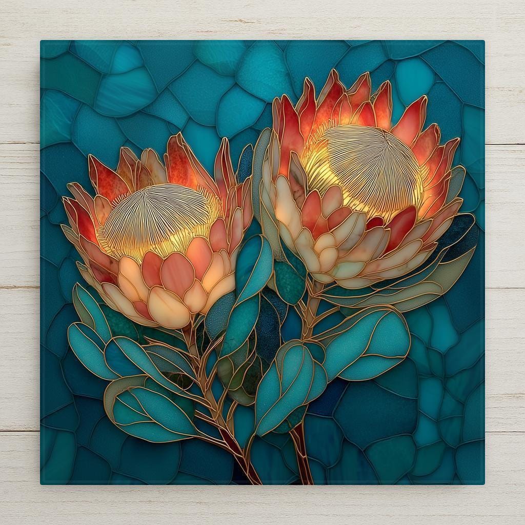 King protea botanical wall art ceramic tile featuring glowing coral protea petals and golden outlines on a deep teal stained glass style background, tropical floral home decor.