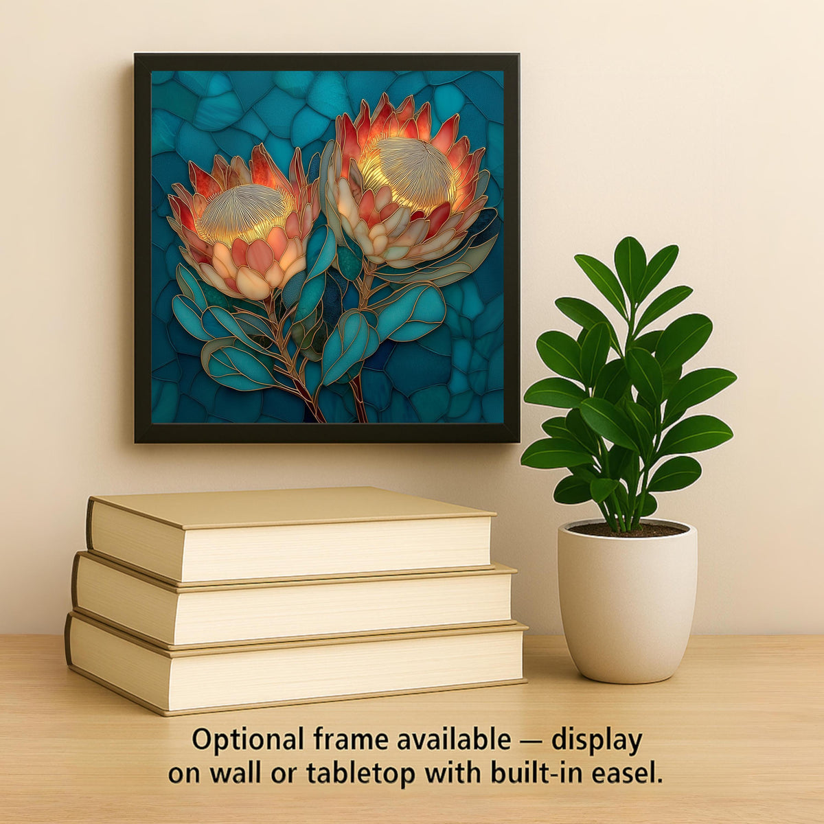 King Protea Botanical Wall Art Ceramic Tile – Tropical Flower Wall Decor – Stained Glass Style Floral Home Decor – Nature Inspired Tile