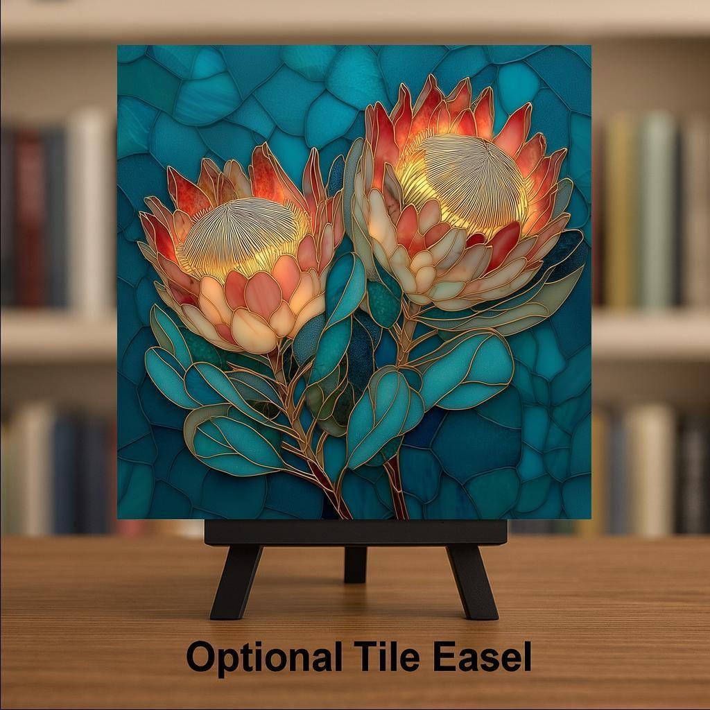 King Protea Botanical Wall Art Ceramic Tile – Tropical Flower Wall Decor – Stained Glass Style Floral Home Decor – Nature Inspired Tile