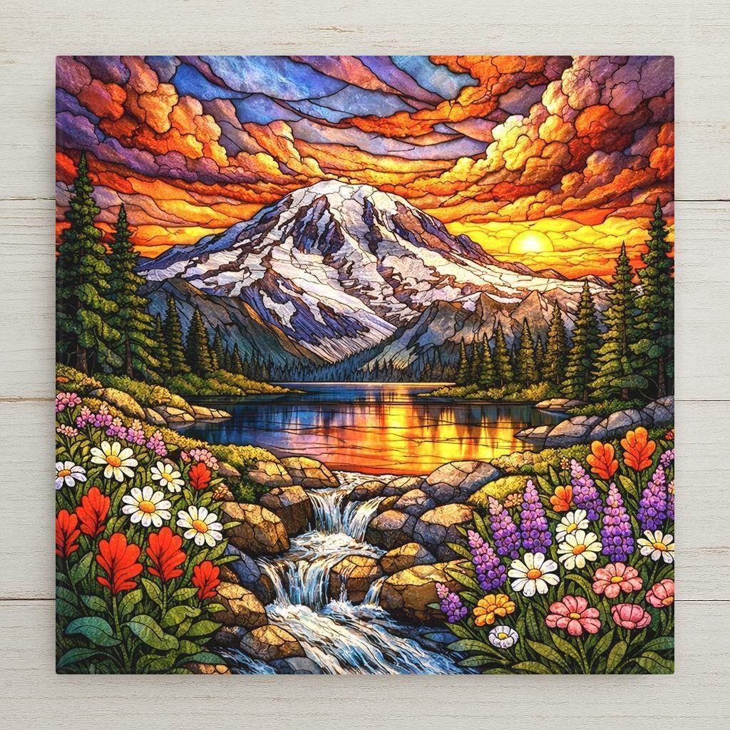 Stained-glass–style Mount Rainier wall art featuring glowing sunset skies, alpine wildflowers, evergreen trees, and reflective water. A luminous ceramic tile inspired by Washington’s iconic mountain landscape, designed as meaningful home decor or a nature-inspired gift. Optional display upgrades available, including wall hanger, easel stand, cork backing, or premium frame.