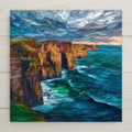 Stained glass style Cliffs of Moher Ireland overlooking turquoise Atlantic Ocean under dramatic sky.