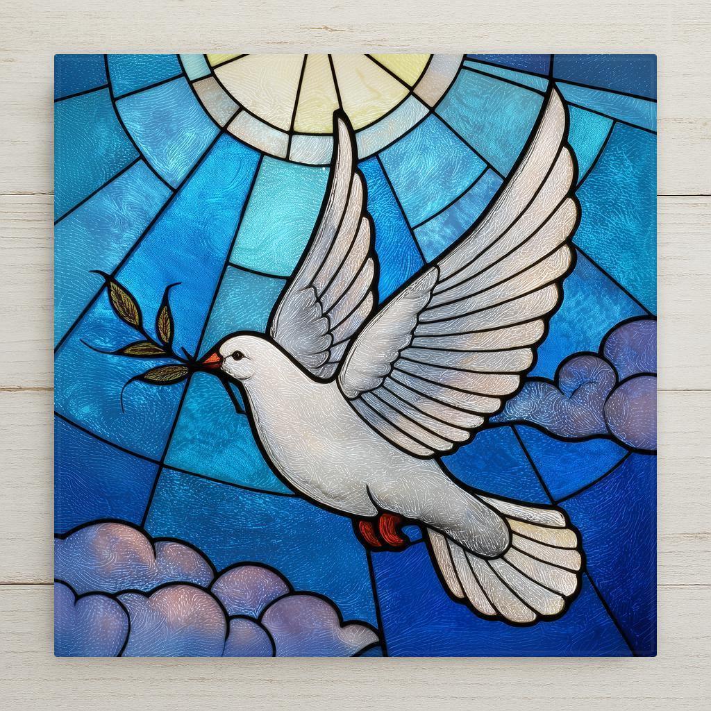 Dove of peace ceramic tile wall art featuring a white dove with olive branch in a stained glass–style design. Christian wall decor symbolizing peace, faith, and remembrance. Blue sky and radiant light background. Permanent print on ceramic tile, not real stained glass. Optional wall hanger, easel stand, cork backing, or premium frame available.