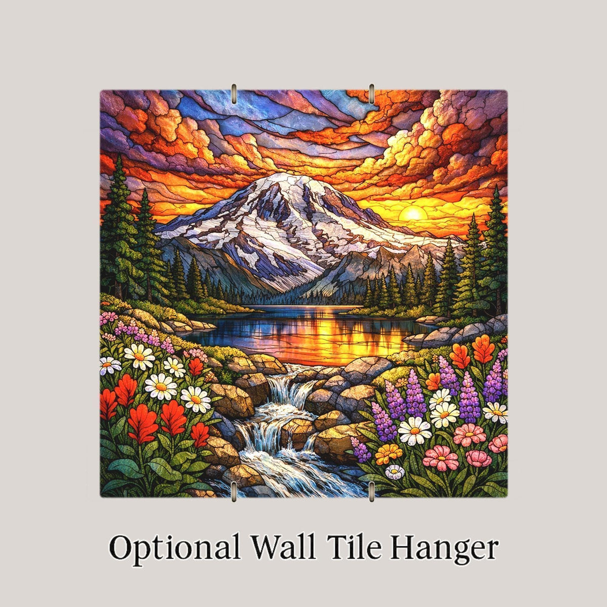 Mount Rainier Wall Art Ceramic Tile Stained Glass Style Landscape Washington Mountain Decor Nature Gift Tile