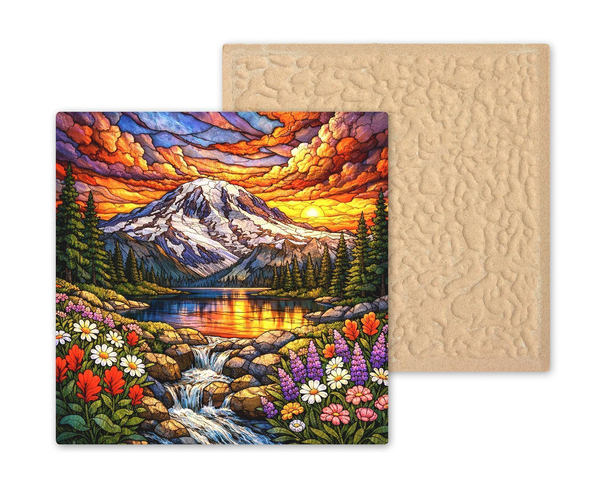 Mount Rainier Wall Art Ceramic Tile Stained Glass Style Landscape Washington Mountain Decor Nature Gift Tile