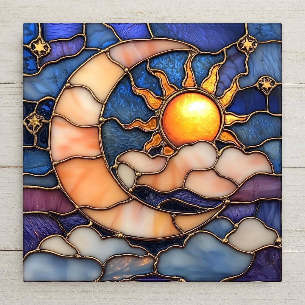 This stained glass-style ceramic tile features a glowing sun and crescent moon with swirling clouds. A celestial piece for boho, spiritual, or moon-themed décor. Use as altar tile, wall art, or shelf accent. Optional tile wall hanger, stand, or cork backing available.