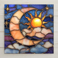 This stained glass-style ceramic tile features a glowing sun and crescent moon with swirling clouds. A celestial piece for boho, spiritual, or moon-themed décor. Use as altar tile, wall art, or shelf accent. Optional tile wall hanger, stand, or cork backing available.