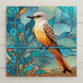 Scissor-tailed Flycatcher tile art featuring golden and turquoise tones in stained glass style. Perfect for wall art, wall decor, or tabletop display. Permanent ceramic print with vivid color. Optional tile wall hanger, easel stand, cork backing, and premium frame available.