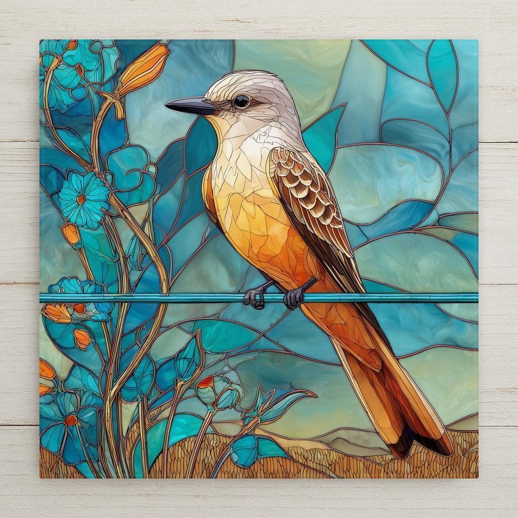Scissor-tailed Flycatcher tile art featuring golden and turquoise tones in stained glass style. Perfect for wall art, wall decor, or tabletop display. Permanent ceramic print with vivid color. Optional tile wall hanger, easel stand, cork backing, and premium frame available.