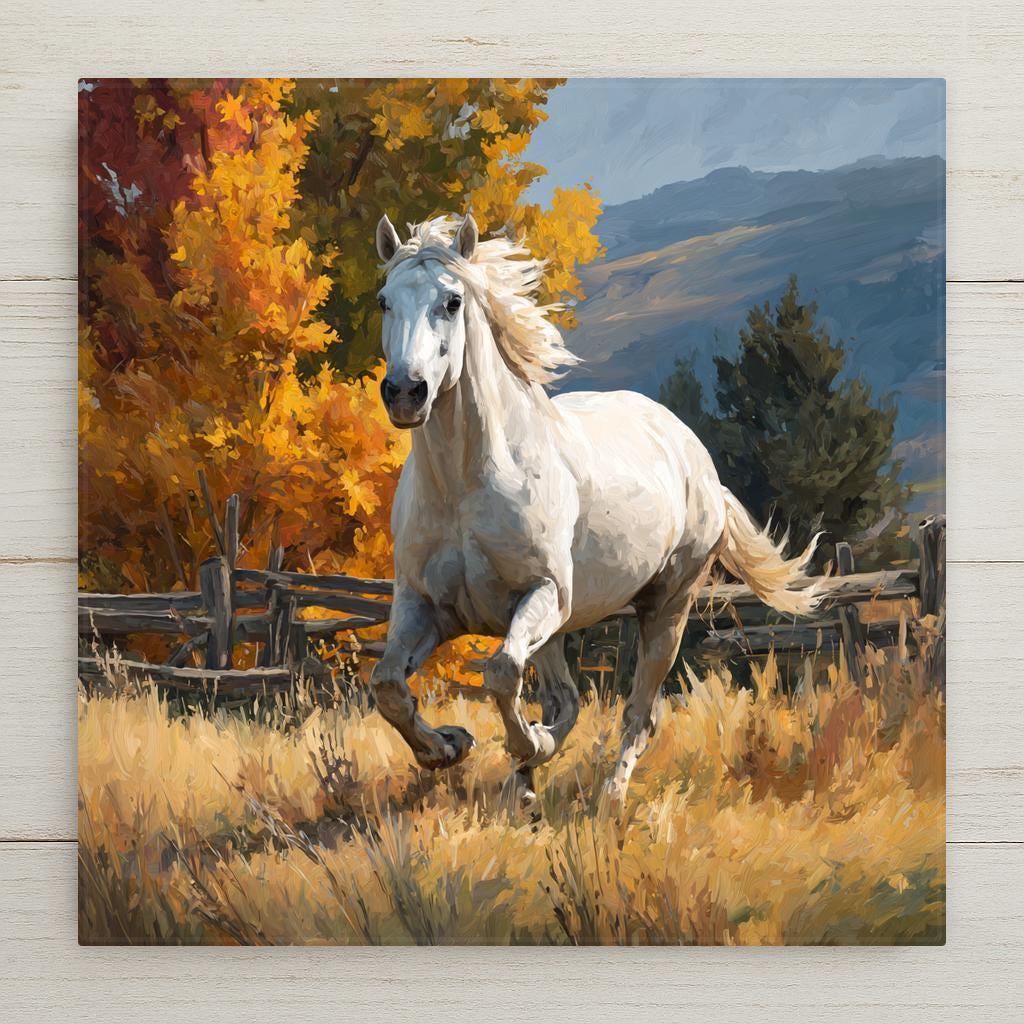 Stained glass style white horse ceramic tile with a majestic white horse running free through a warm amber and gold autumn meadow against a deep cobalt and teal sky, mane flowing and powerful, a vivid horse lover and equestrian gift.