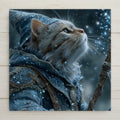 Ceramic art tile of a tabby cat as a robed wizard casting glowing blue magic beneath a starry night sky, in star-flecked celestial robes — a dark academia, witchy, fantasy cat lover wall decor.