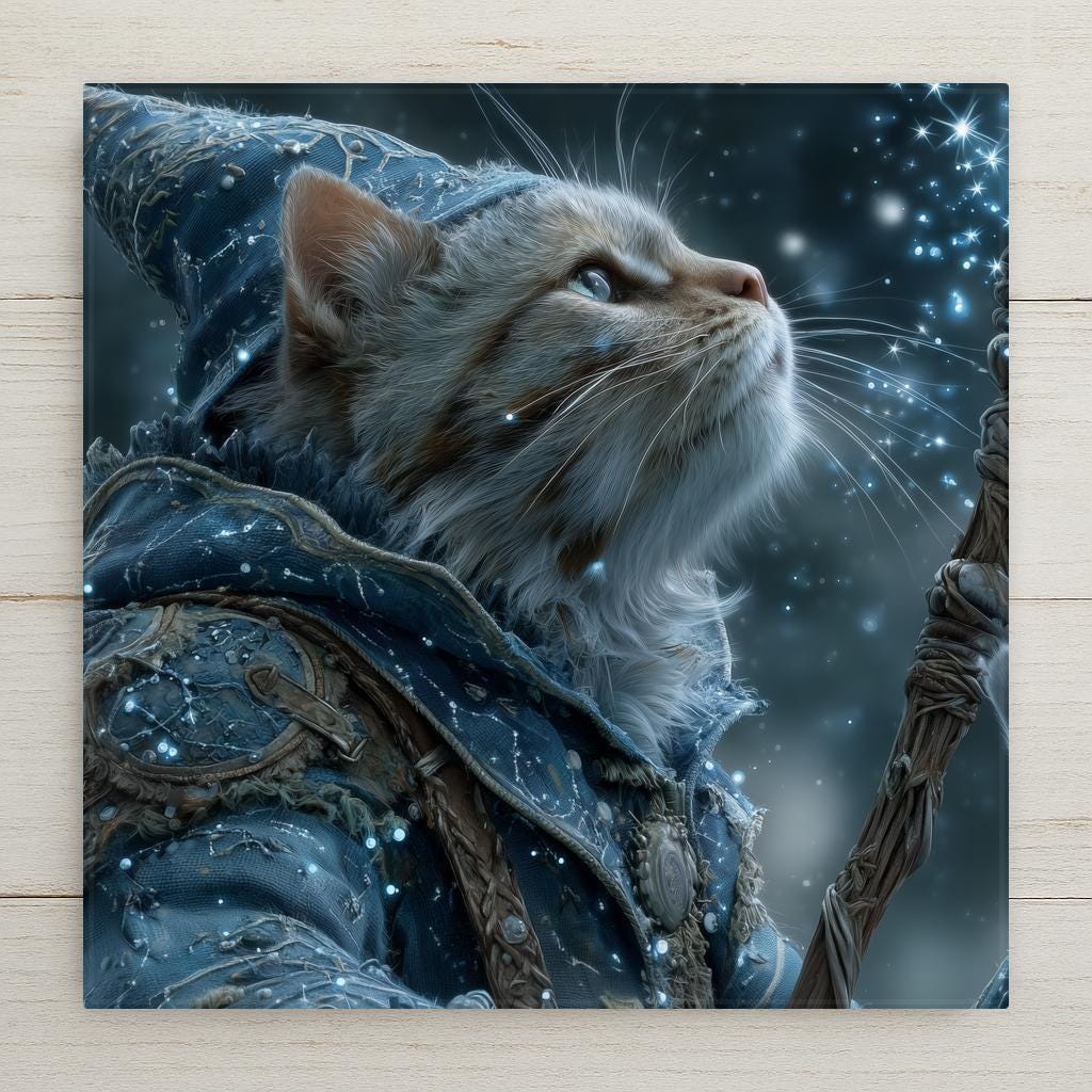 Ceramic art tile of a tabby cat as a robed wizard casting glowing blue magic beneath a starry night sky, in star-flecked celestial robes — a dark academia, witchy, fantasy cat lover wall decor.
