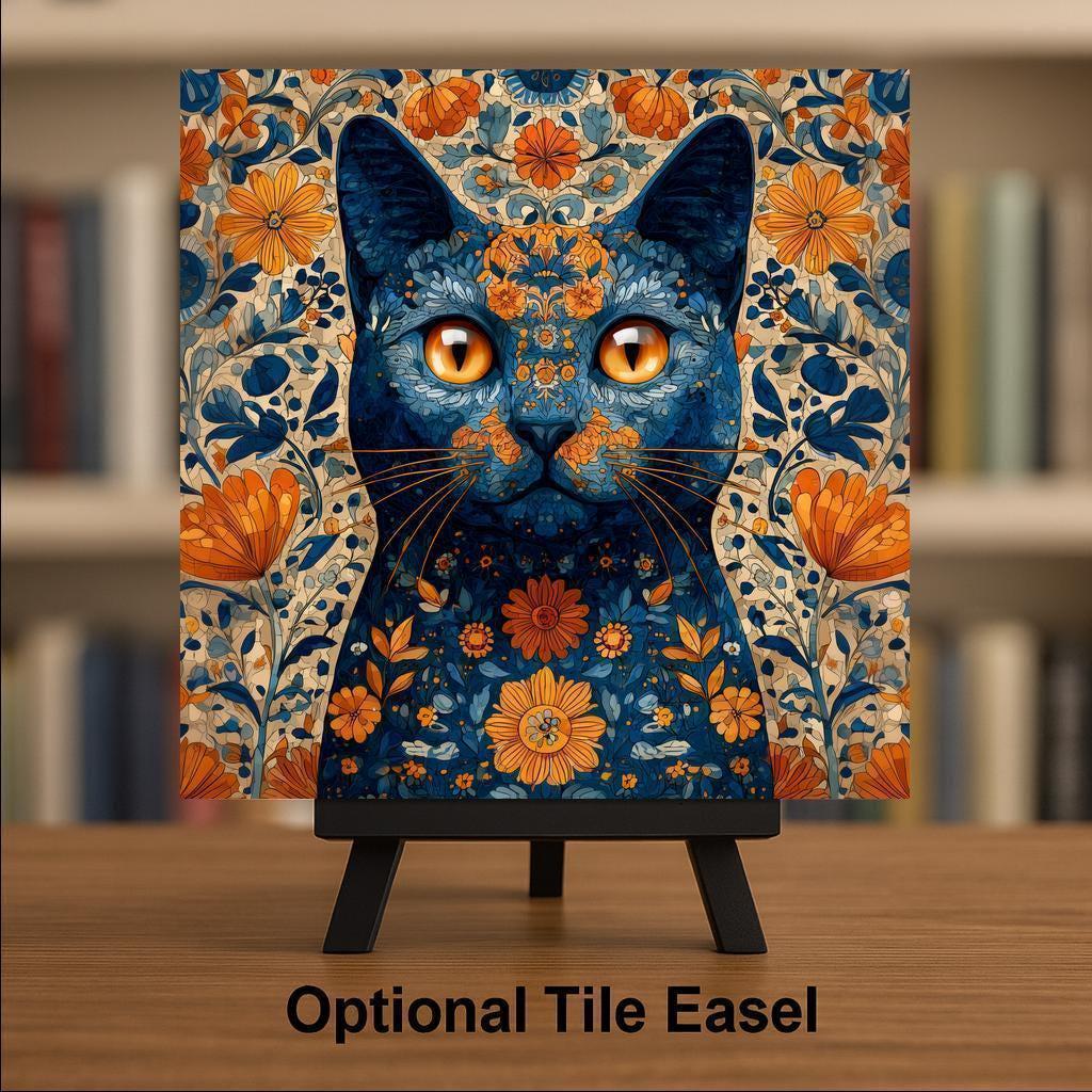 Floral Cat Wall Art Ceramic Tile Cat Lover Gift Boho Nature Art Mothers Day Cat Art Botanical Cat Decor Gift
