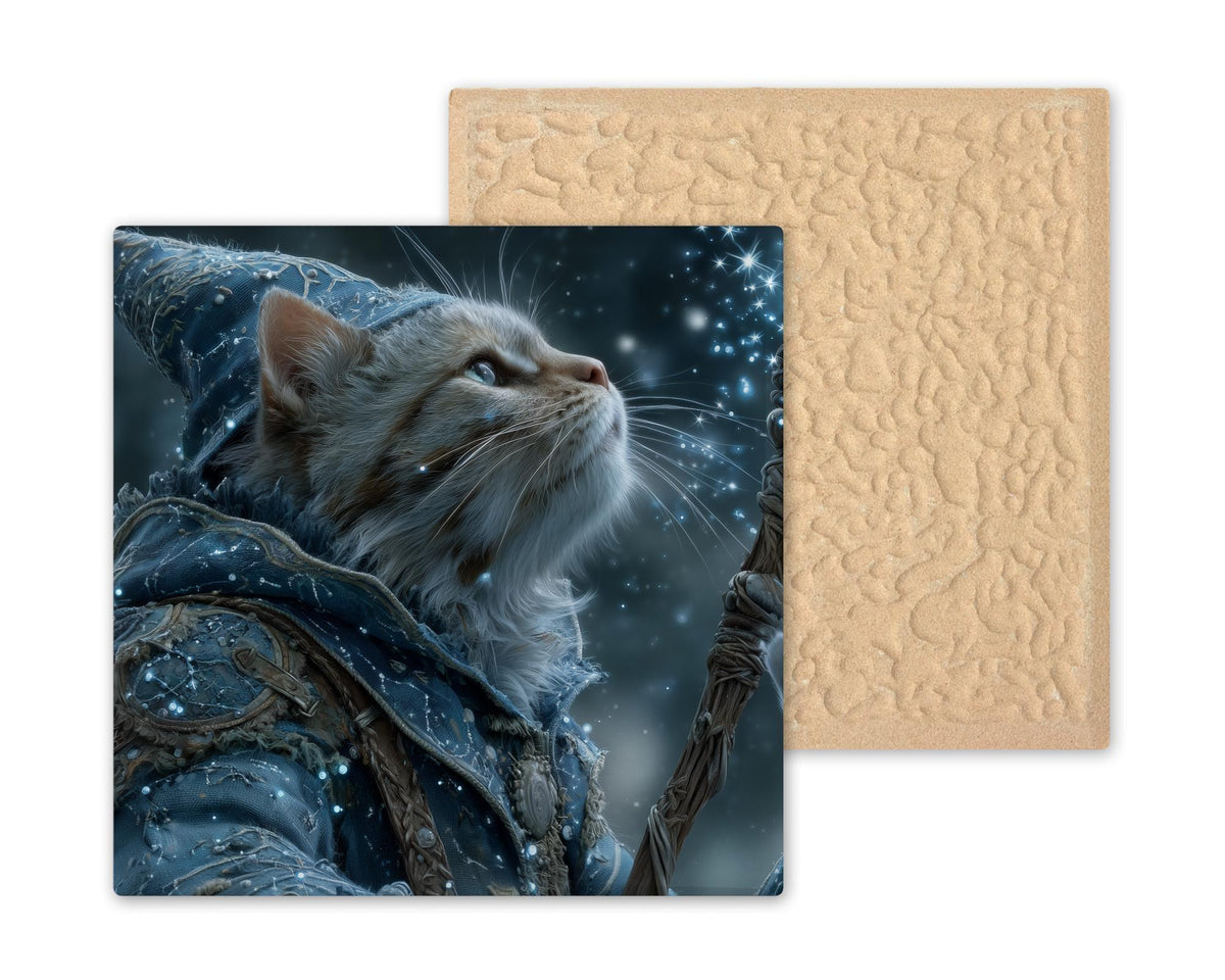 Wizard Cat Ceramic Art Tile – Dark Academia Celestial Wall Decor, Witchy Mystical Cat Lover Accent