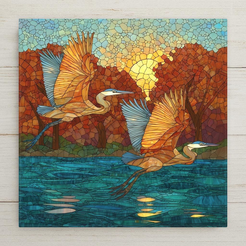 Stained glass style great blue heron ceramic tile standing tall among golden autumn reeds against a deep cobalt and teal wetland sky, warm amber light catching the heron's plumage, a vivid bird lover and wildlife nature gift.