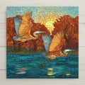 Stained glass style great blue heron ceramic tile standing tall among golden autumn reeds against a deep cobalt and teal wetland sky, warm amber light catching the heron's plumage, a vivid bird lover and wildlife nature gift.