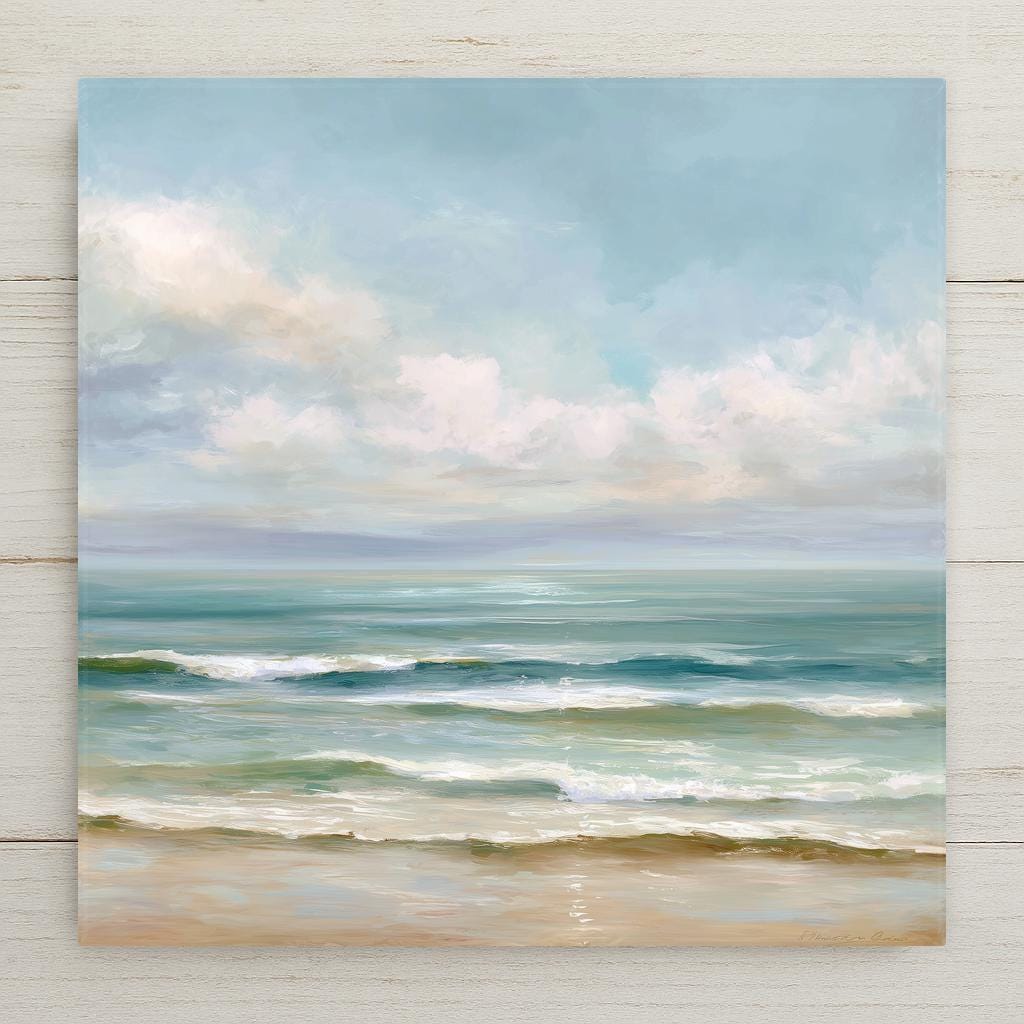 Soft ocean waves roll beneath a peaceful sky in this coastal ceramic tile wall art. A serene seascape in calming blues and sand tones, printed permanently on ceramic. Not glass or mosaic. Optional cork backing, easel stand, wall hanger, or premium frame available for wall or tabletop display.