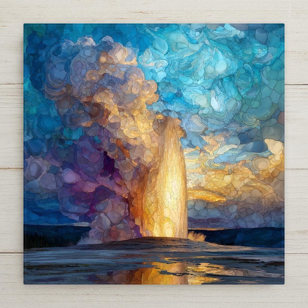 This ceramic tile art features Old Faithful geyser in Yellowstone with a stunning stained glass design. Printed with high-quality inks for vibrant, lasting color, it’s great as wall art, a tabletop accent, or a thoughtful gift. Optional add-ons like a tile wall hanger, easel stand, cork backing, or premium frame make it easy to display. It’s a colorful and inspiring décor piece for nature and travel enthusiasts.