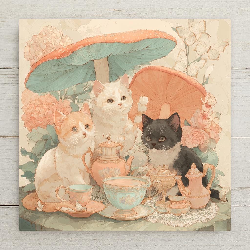 Stained glass style kitten garden tea party ceramic tile with kittens at a sunny garden table surrounded by warm gold wildflowers and soft cobalt sky, cottagecore and pastoral, a vivid garden party and cottagecore cat lover gift.