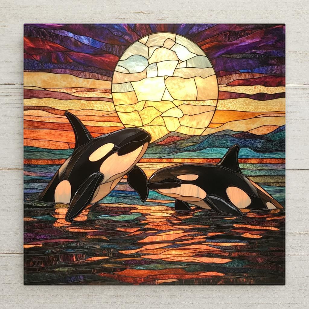 Orca lovers and coastal art collectors will adore this high-quality ceramic tile, designed to look like a luminous stained-glass mosaic. Two killer whales dance in the ocean as a warm sun dips below the horizon, lighting up rich tones of amber, indigo, and coral in the sky and sea. Perfect as a functional trivet or striking wall decor, this wildlife-inspired artwork makes a great gift for anyone who appreciates ocean scenes, marine animals, or nature motifs.