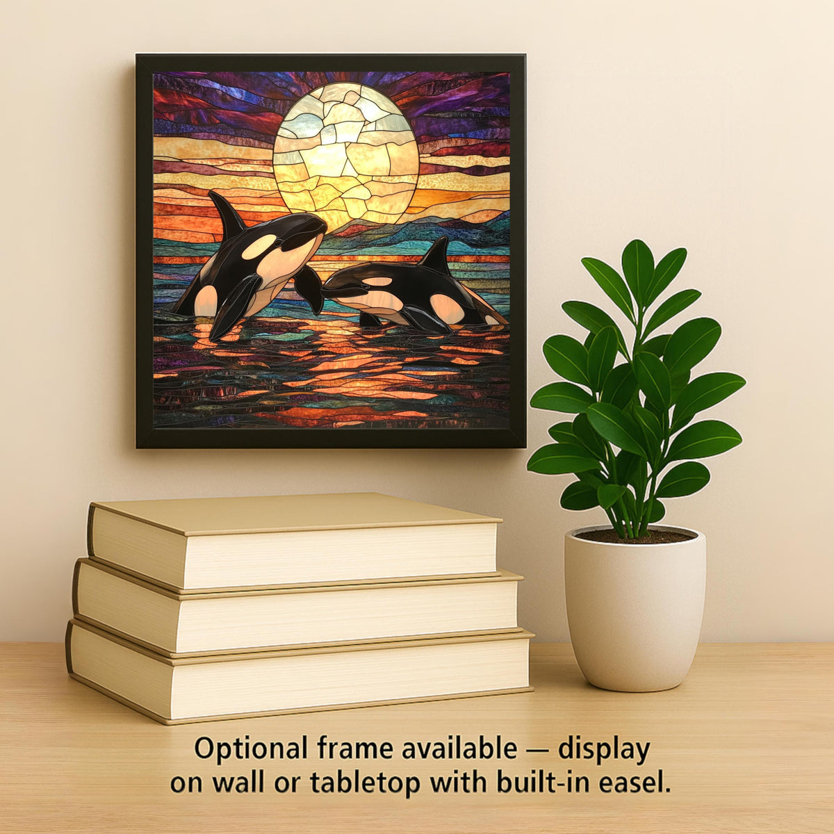 Orca Whale Sunset Stained Glass Style Ceramic Art Tile: Coastal Wall Decor Beach House Accent Ocean Home Decor Wall Art