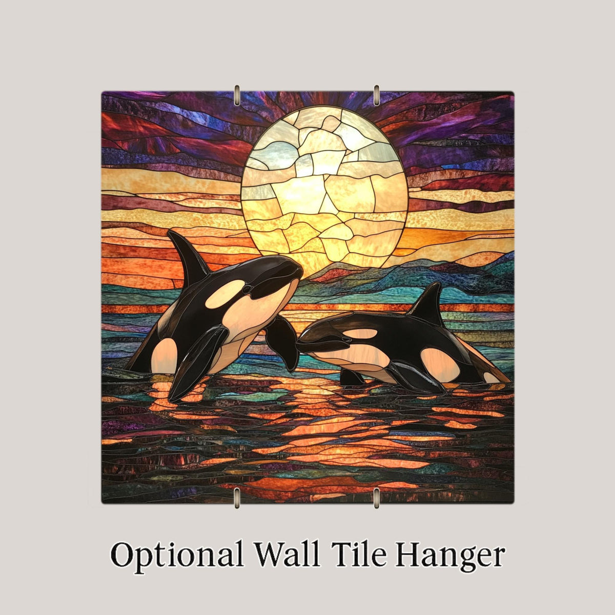 Orca Whale Sunset Stained Glass Style Ceramic Art Tile: Coastal Wall Decor Beach House Accent Ocean Home Decor Wall Art