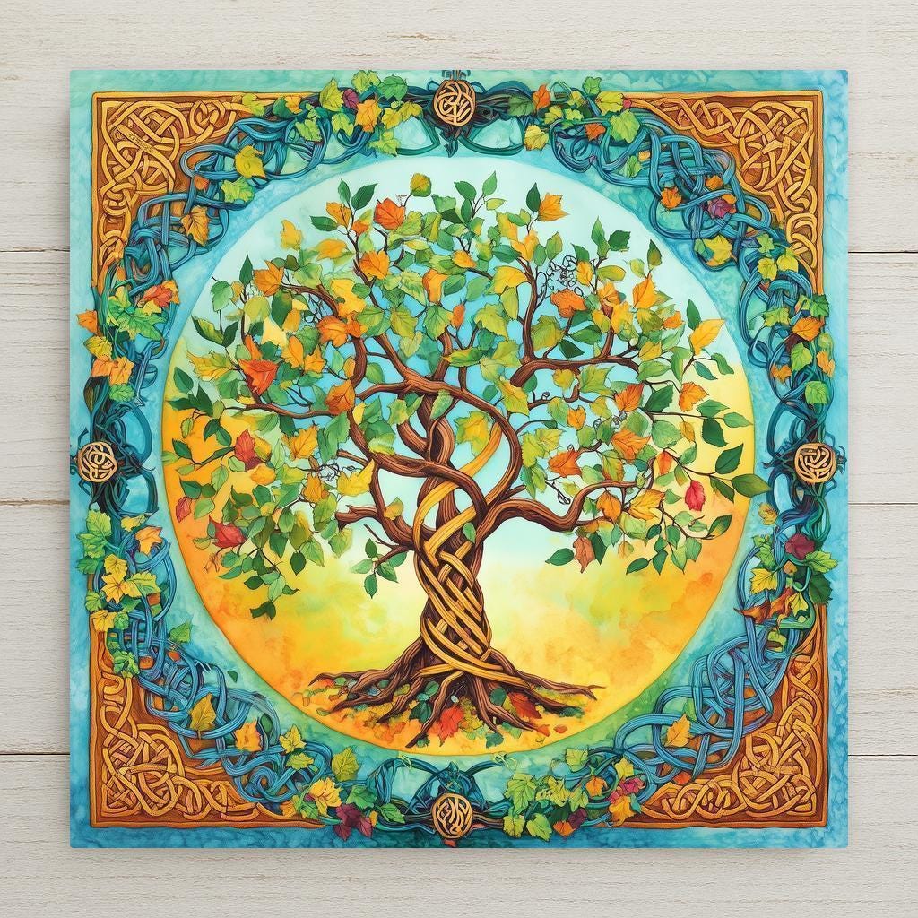 This Celtic Tree of Life tile symbolizes harmony and strength through intricate knotwork and lush green foliage. Perfect for altars, spiritual décor, or nature-inspired gifts. Vividly colored and deeply meaningful.