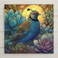 California Quail ceramic tile art with desert succulents and warm sunset tones. Perfect for wall art, wall decor, or tabletop display. Permanent ceramic print with lasting color. Optional tile wall hanger, easel stand, cork backing, and premium frame available.