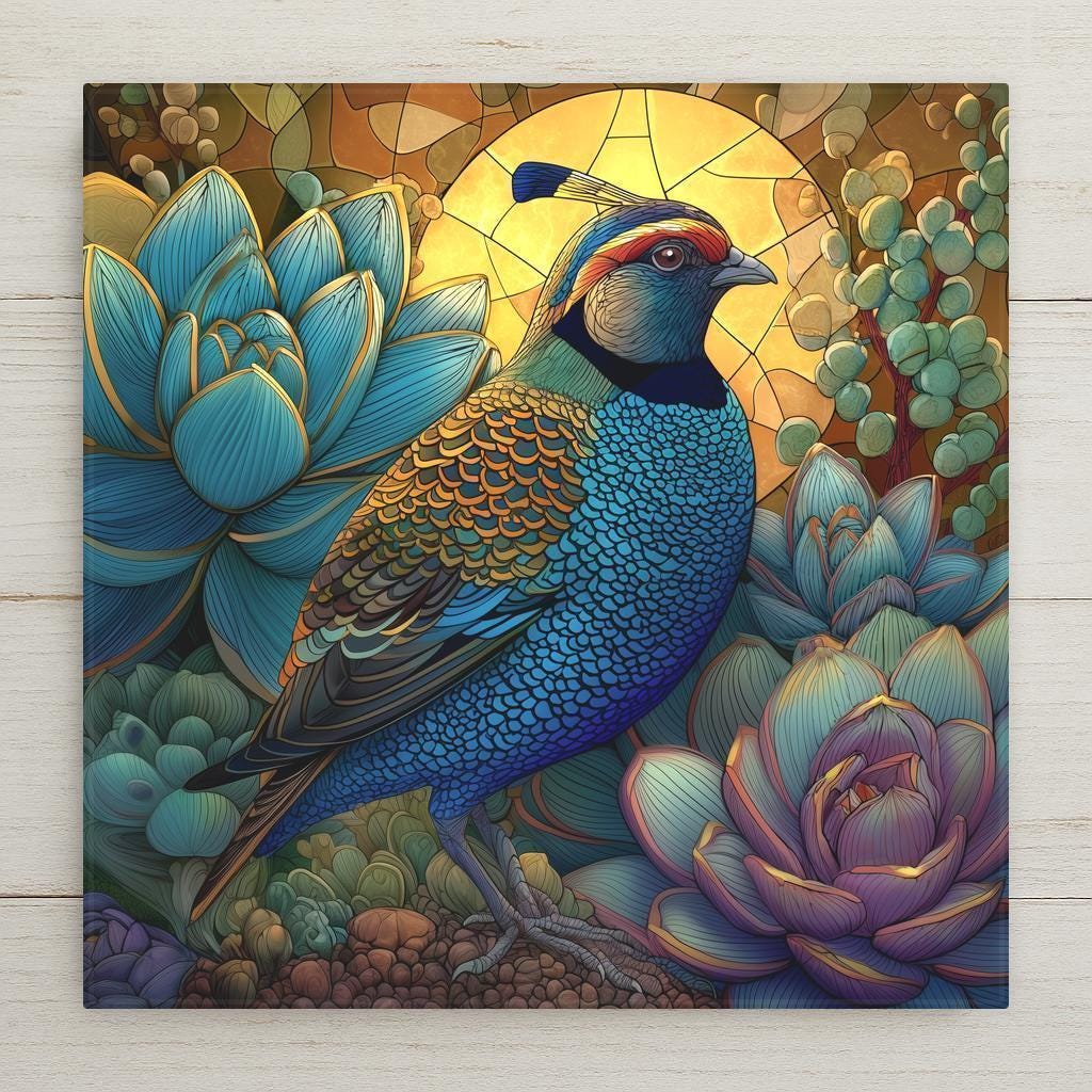 California Quail ceramic tile art with desert succulents and warm sunset tones. Perfect for wall art, wall decor, or tabletop display. Permanent ceramic print with lasting color. Optional tile wall hanger, easel stand, cork backing, and premium frame available.