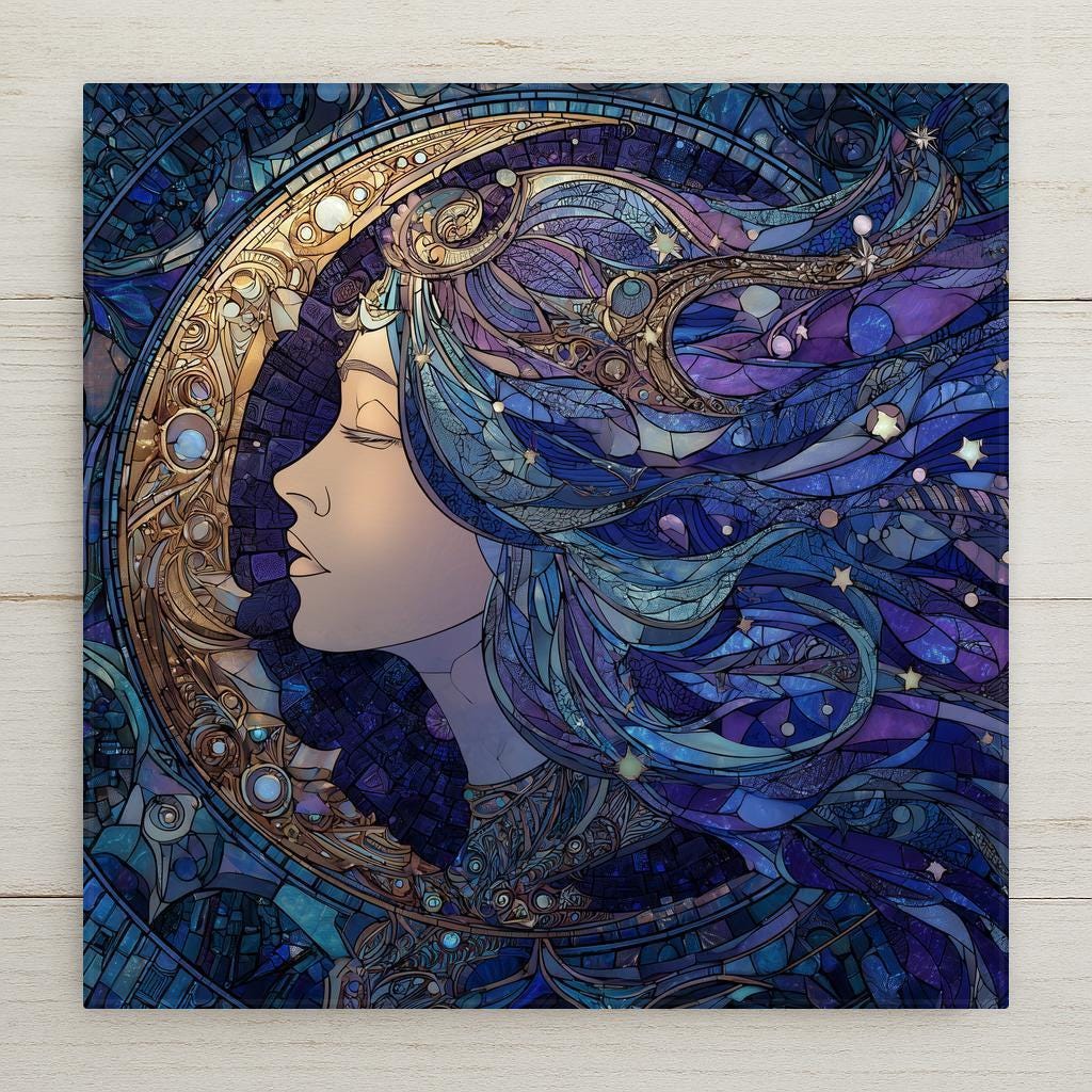 Stained glass style ceramic tile of a moon goddess with flowing celestial hair, gold ornate halo, and deep blue starry background.