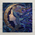Stained glass style ceramic tile of a moon goddess with flowing celestial hair, gold ornate halo, and deep blue starry background.