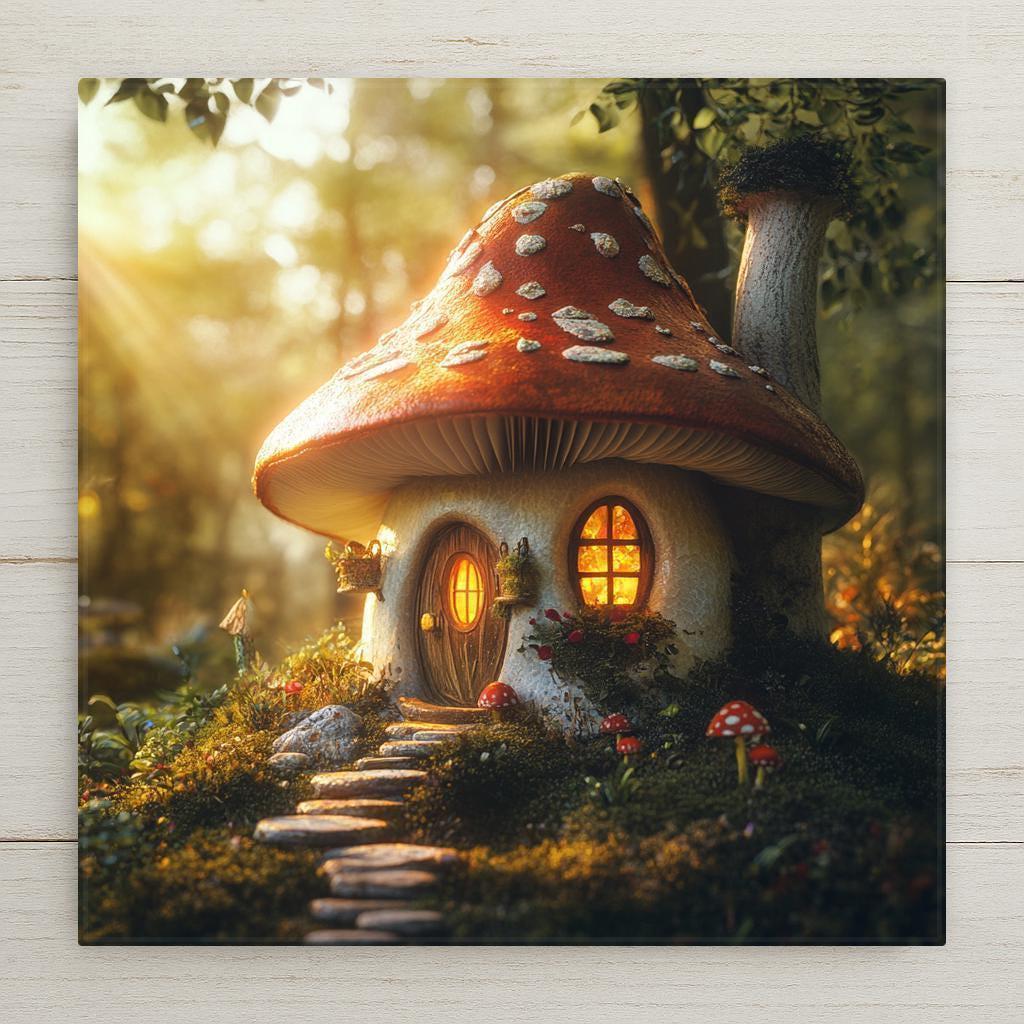 Step into a storybook scene with this ceramic tile featuring a sunlit mushroom cottage. With its glowing windows, stone steps, and woodland setting, it’s a perfect blend of cozy cottagecore and whimsical forest fantasy.