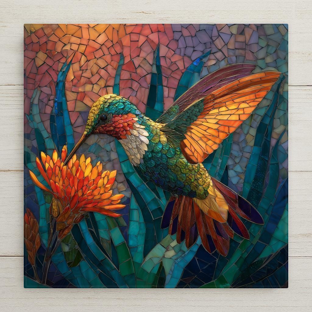 Vibrant sunset hummingbird tile art featuring rich amber and teal hues. Perfect for wall art, wall decor, or tabletop display. Permanent ceramic print with lasting color. Optional tile wall hanger, easel stand, cork backing, and premium frame available.