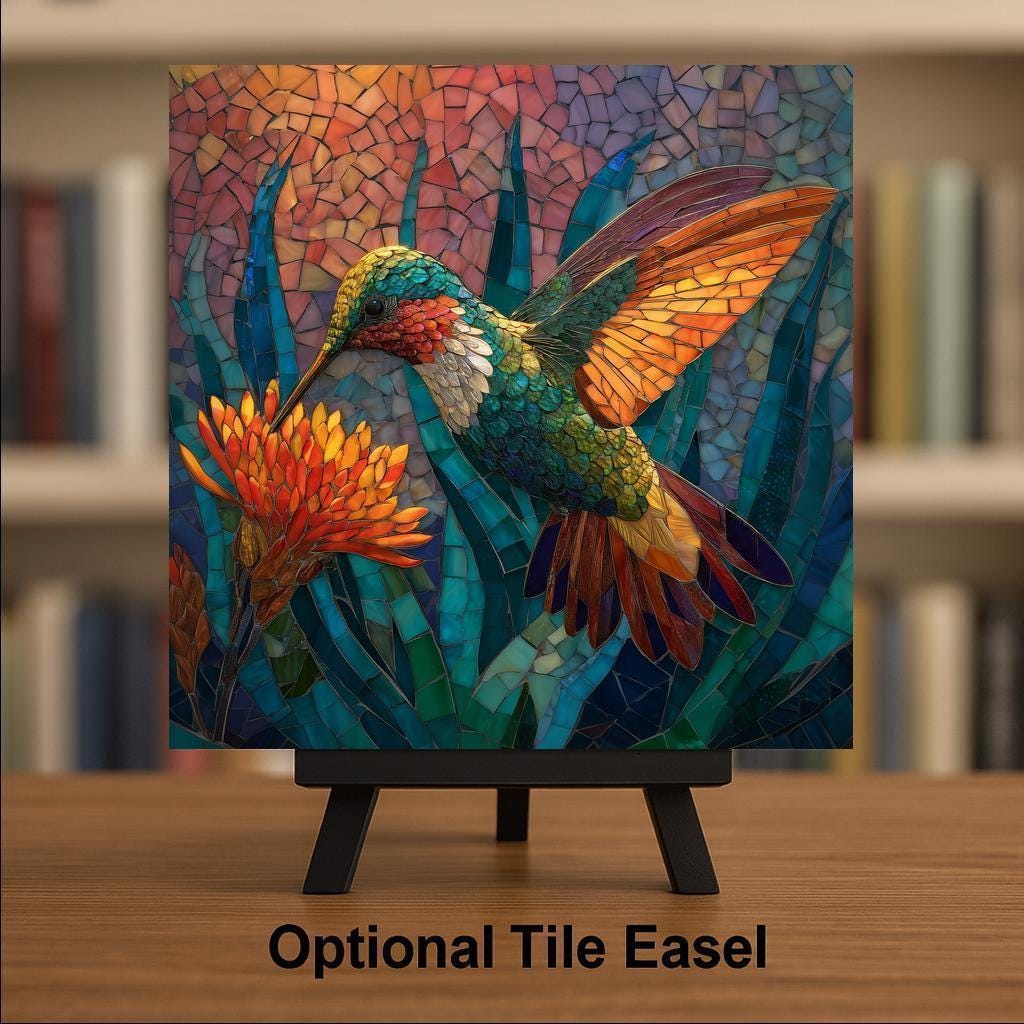 Hummingbird Sunset Stained Glass Style Ceramic Art Tile: Memorial Keepsake Sympathy Gift Remembrance Home Decor Wall Art