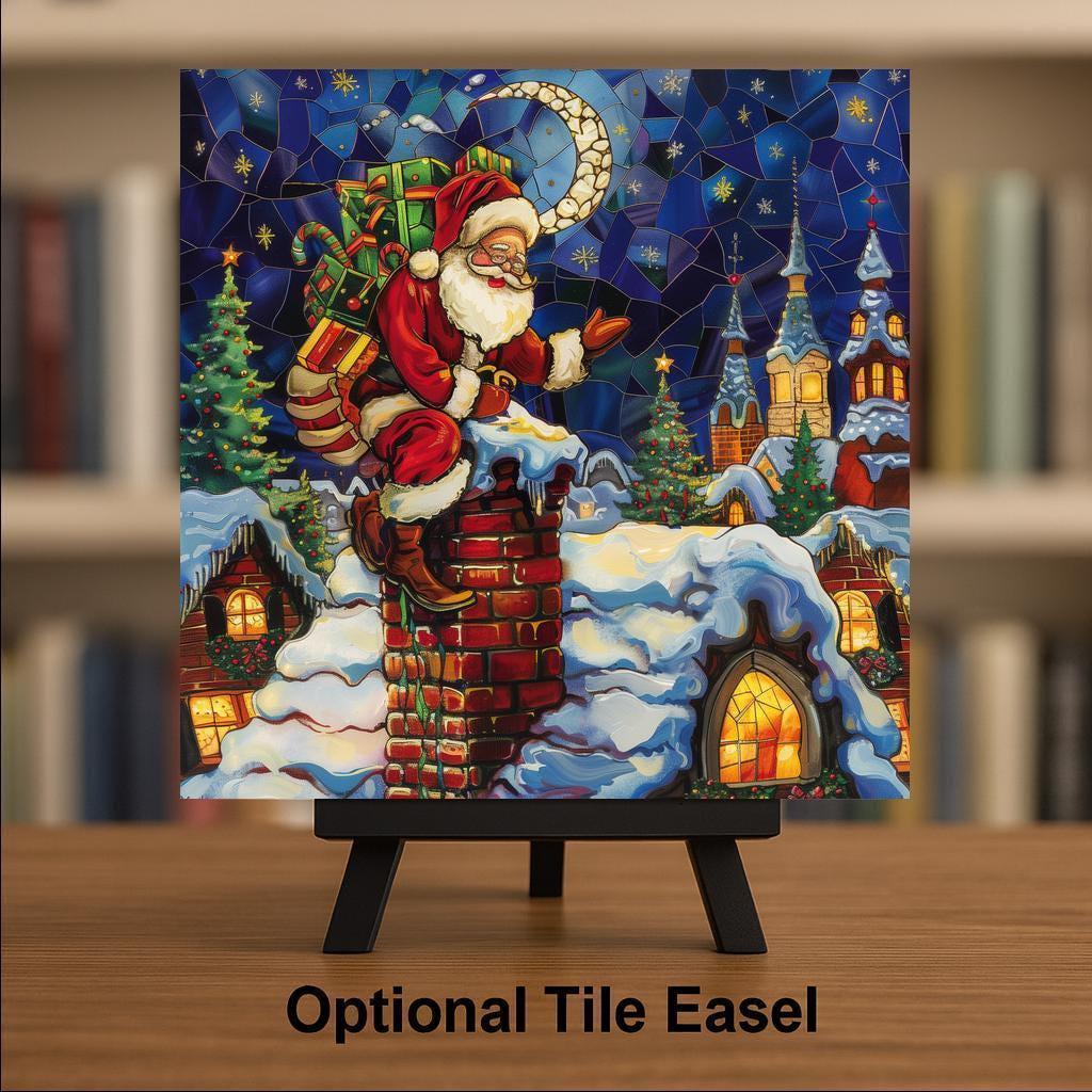 Santa Wall Art Ceramic Tile Christmas Gift Holiday Decor Stained Glass Santa Christmas Eve Home Tile