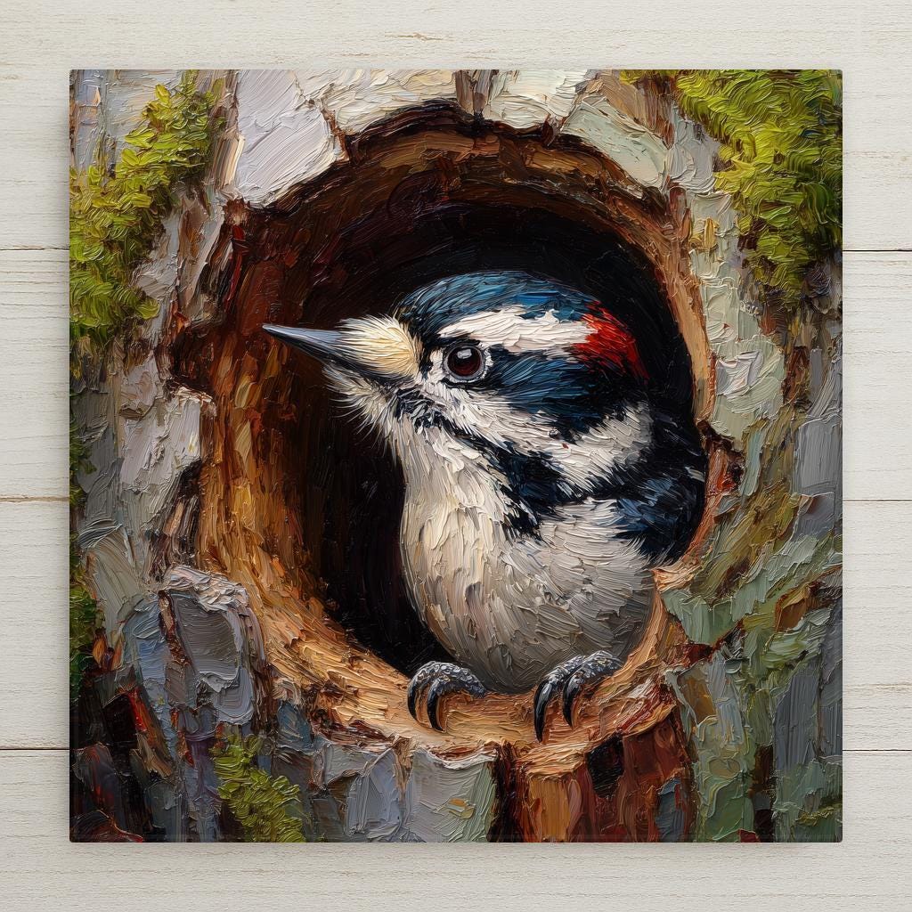 Woodland baby woodpecker ceramic tile with warm nature details. Perfect for rustic home decor and bird-themed wall art. Durable printed ceramic. Optional tile wall hanger, easel tile stand, cork backing, and premium frame available. Not stained glass or sculpted material.