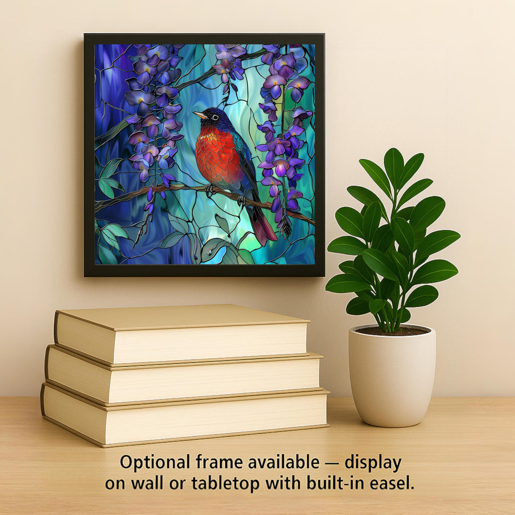 Red Robin Ceramic Art Tile – Stained Glass Style Wisteria Garden Bird Wall Decor, Bird Lover Spring Gift
