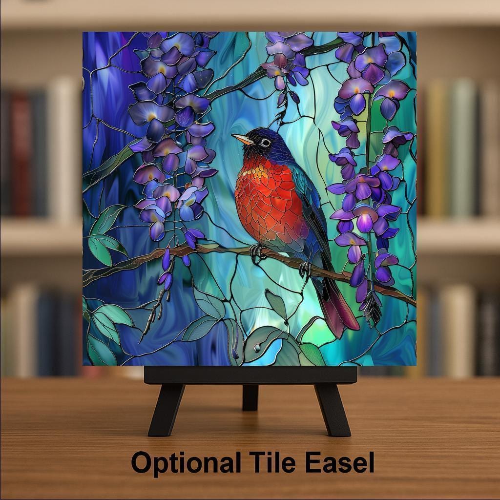 Red Robin Ceramic Art Tile – Stained Glass Style Wisteria Garden Bird Wall Decor, Bird Lover Spring Gift
