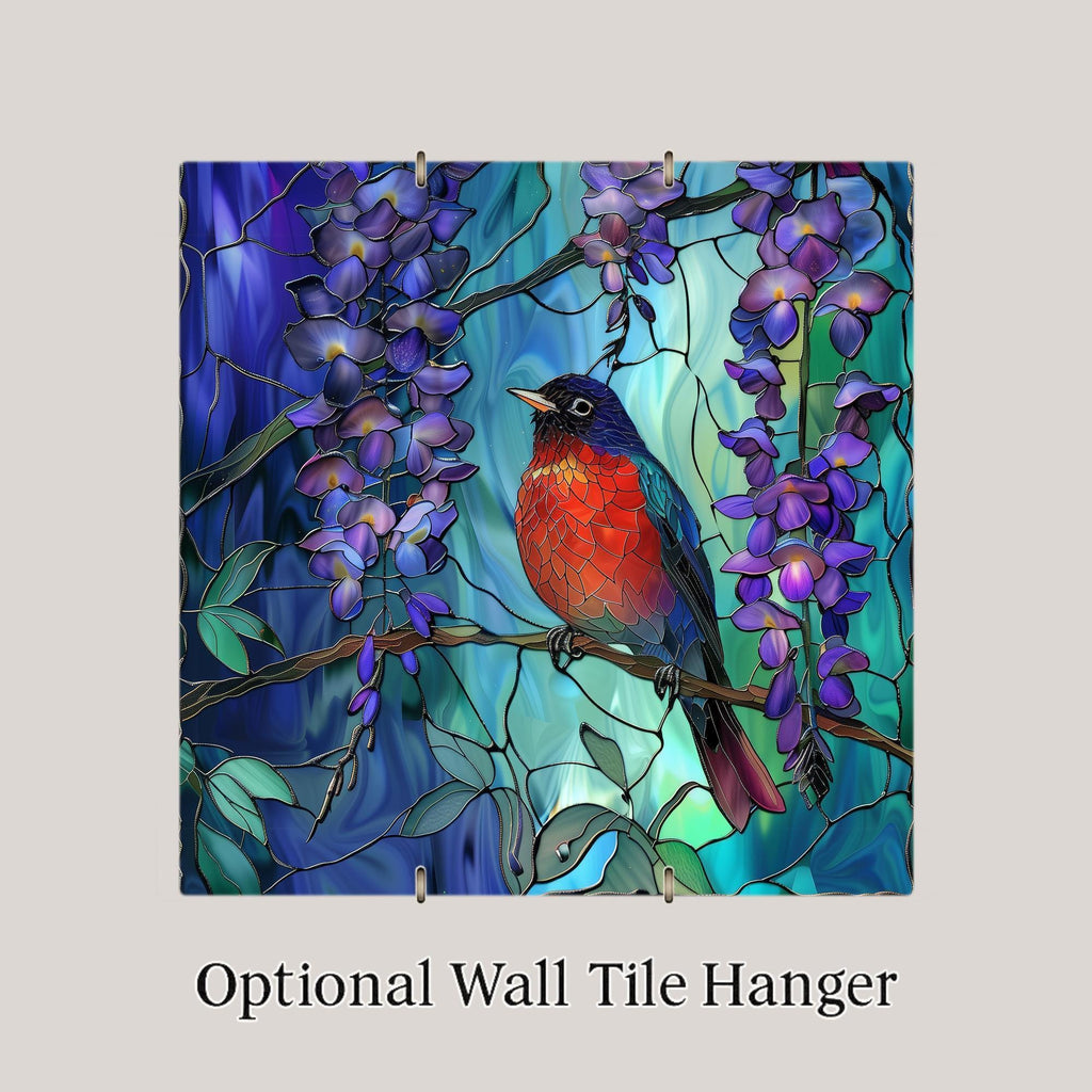 Red Robin Ceramic Art Tile – Stained Glass Style Wisteria Garden Bird Wall Decor, Bird Lover Spring Gift