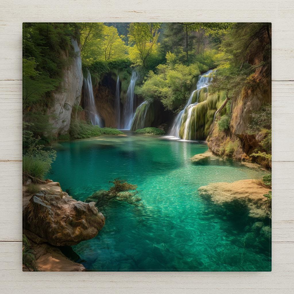 Plitvice Lakes ceramic tile wall art featuring turquoise waterfalls and lush greenery inspired by Plitvice Lakes National Park in Croatia. Stained glass style nature artwork printed on smooth ceramic tile. Optional wall hanger, easel stand, cork backing, or premium frame available.