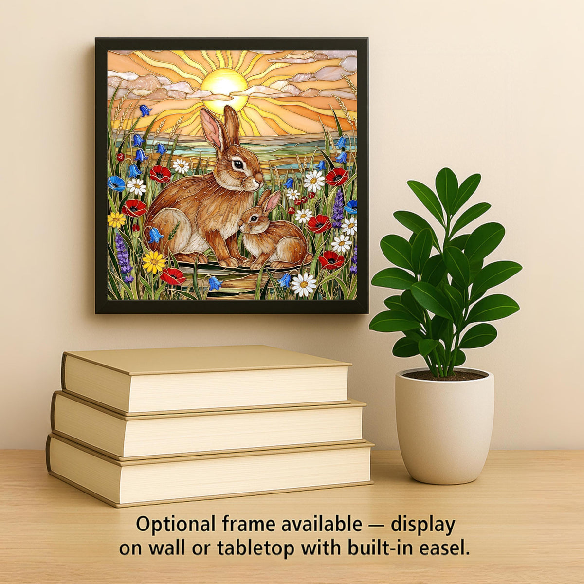 Mother and Baby Rabbit Ceramic Tile Wall Art Stained Glass Style Woodland Nursery New Mom Baby Shower Decor