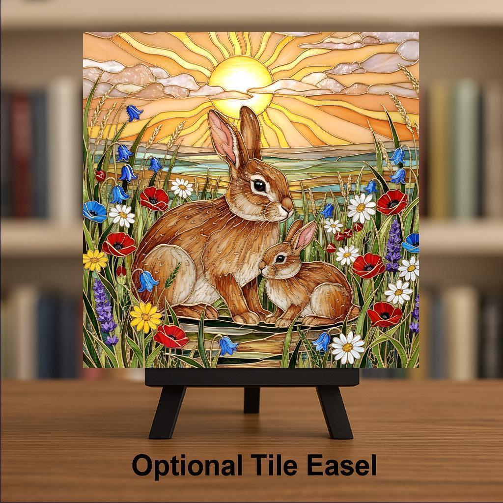 Mother and Baby Rabbit Ceramic Tile Wall Art Stained Glass Style Woodland Nursery New Mom Baby Shower Decor