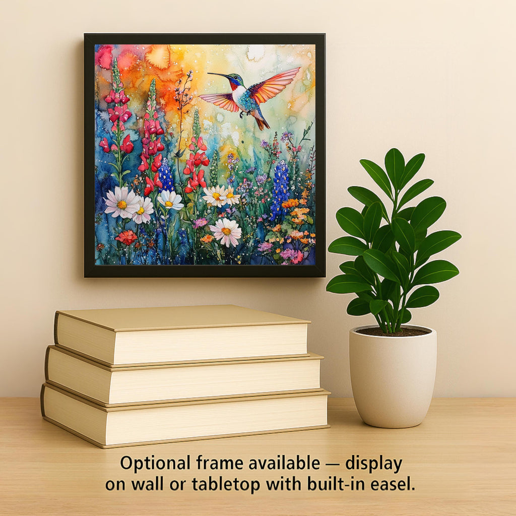 Hummingbird Wall Art Ceramic Tile Watercolor Floral Gift Poppy Bluebell Garden Decor Birdwatcher Nature